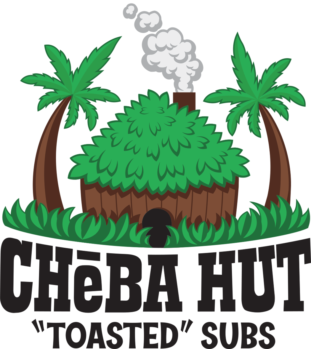 Current Cheba Hut "Toasted" Subs logo: a smoking green thatched hut between two palm trees above bold black lettering