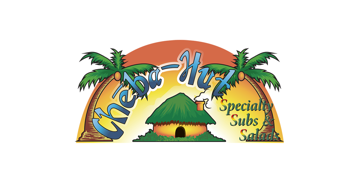 Original Cheba-Hut logo: blue script lettering over a thatched hut between two palm trees and an orange sunset, with "Specialty Subs & Salads"