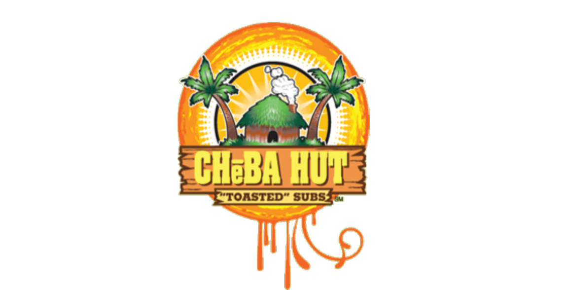 Cheba Hut "Toasted" Subs logo on a wooden sign over the hut and palm trees, inside an orange sunburst circle with dripping orange paint