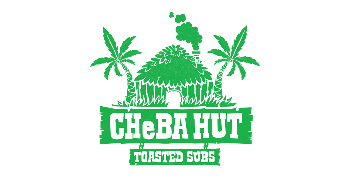 One-color green Cheba Hut Toasted Subs logo of the smoking hut between palm trees above a wooden sign