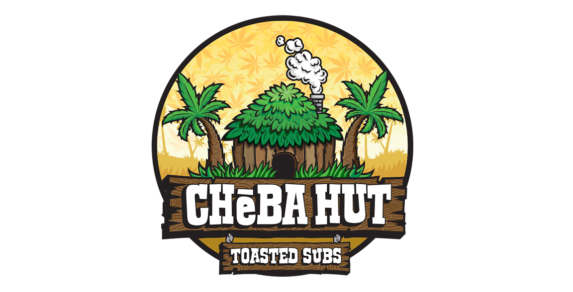 Circular Cheba Hut Toasted Subs badge: the smoking hut between palm trees against a yellow sky patterned with leaves, above a wooden sign